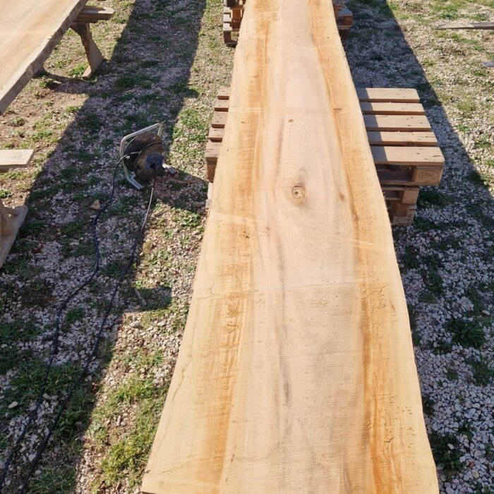 Plateau en platane mesure 7,60 mètres de long, incarnant la grandeur et la rareté. Doté d'une résistance et d'une élégance naturelles, son grain unique et sa teinte chaleureuse en font un choix exceptionnel. Parfait pour des tables d'exception ou de réception. Personnalisable selon vos besoins. Transformez votre espace avec la grandeur du platane.